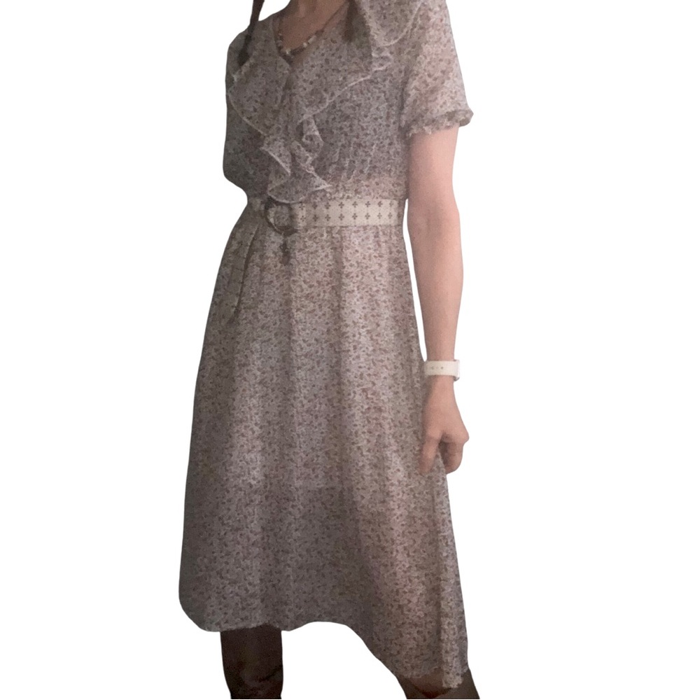 Cottagecore Ditsy Floral Midi Dress Ruffled Neckline Empire Waist Sheer Pullover - Picture 2 of 11